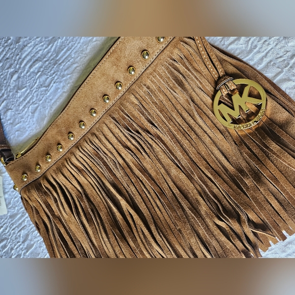 Michael Kors Brown Suede Gold Tassels Fringe Designer Purse Shoulder Bag - Picture 12 of 16